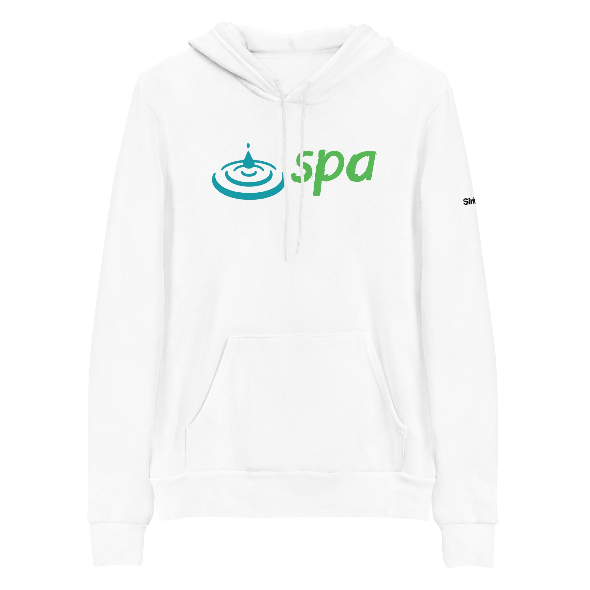 White hoodie featuring a 'spa' logo in green with a water droplet design in blue.