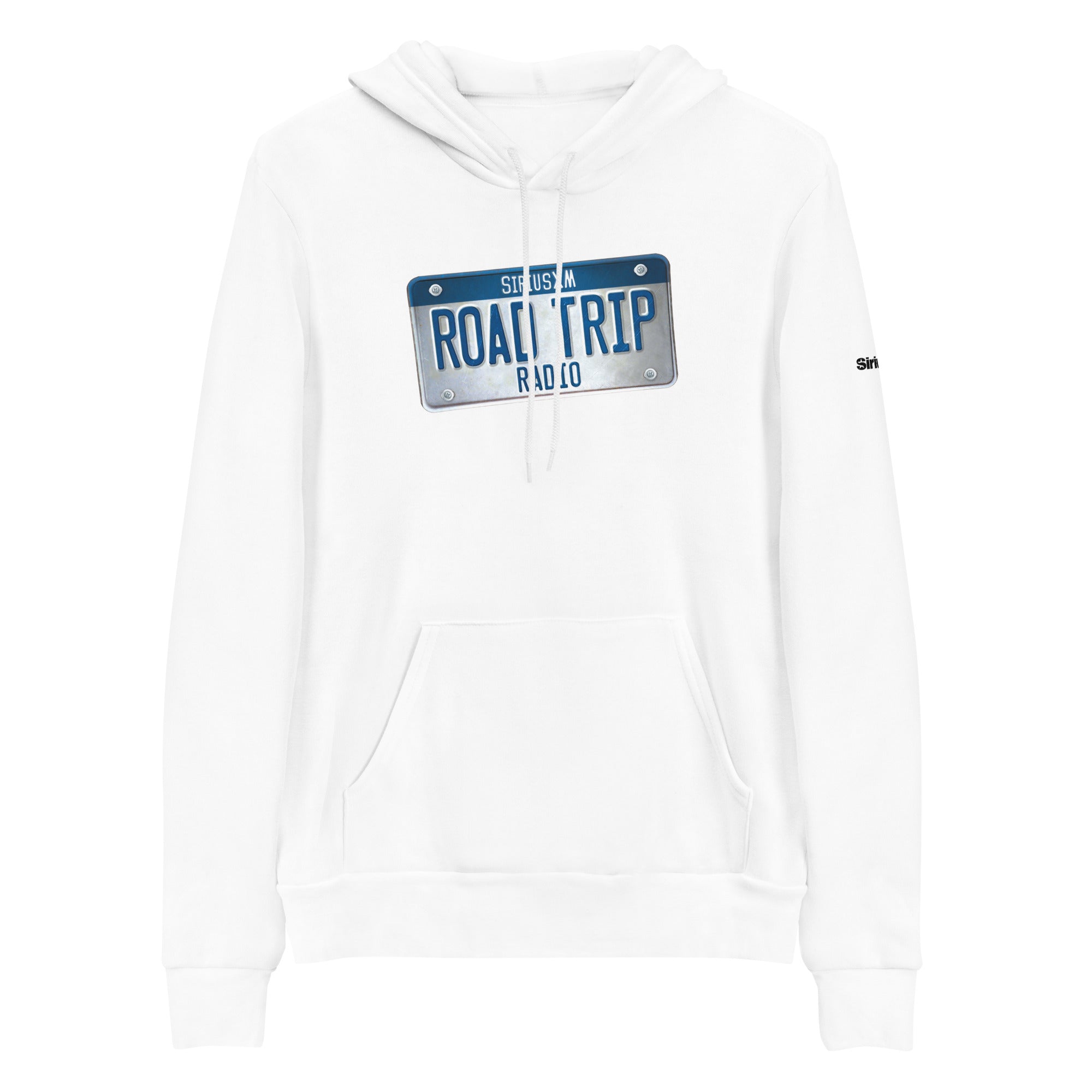 White hoodie featuring a blue and white metallic license plate design with 'ROAD TRIP RADIO' text.
