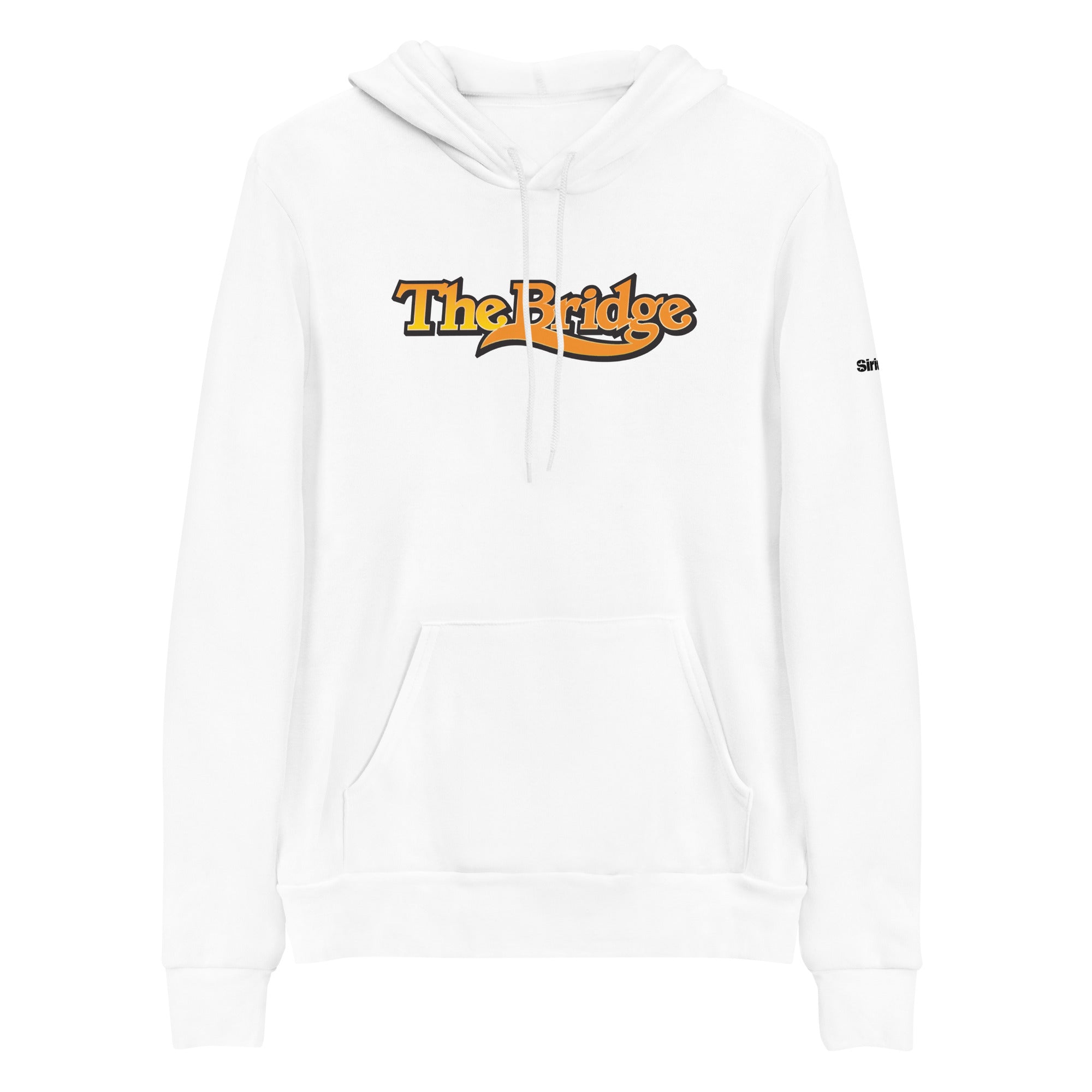 White hoodie with 'The Bridge' logo in orange and black, featuring a front pocket and drawstring hood.