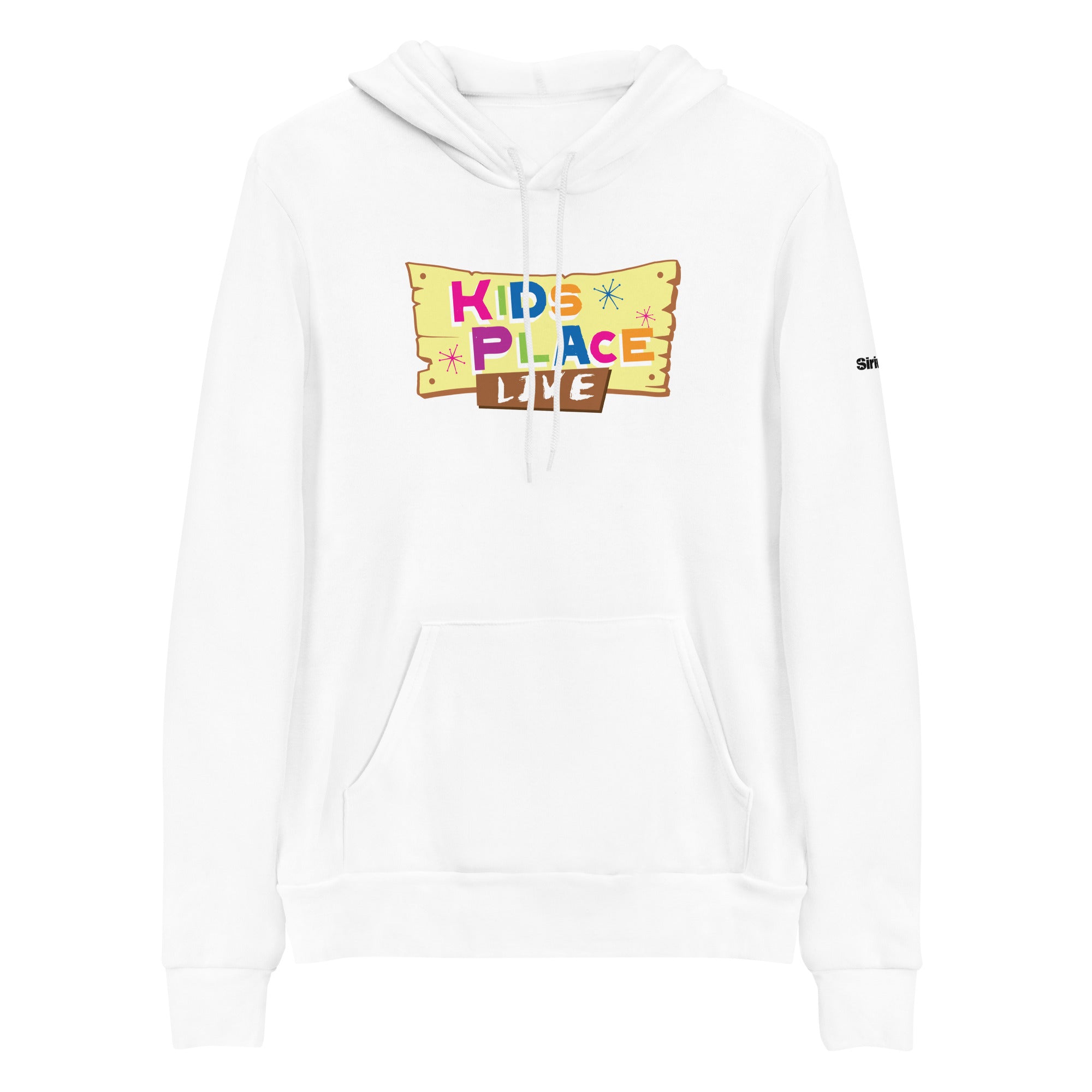 White hoodie featuring 'KIDS PLACE LIVE' with colorful stars and a wooden sign illustration design on the front.