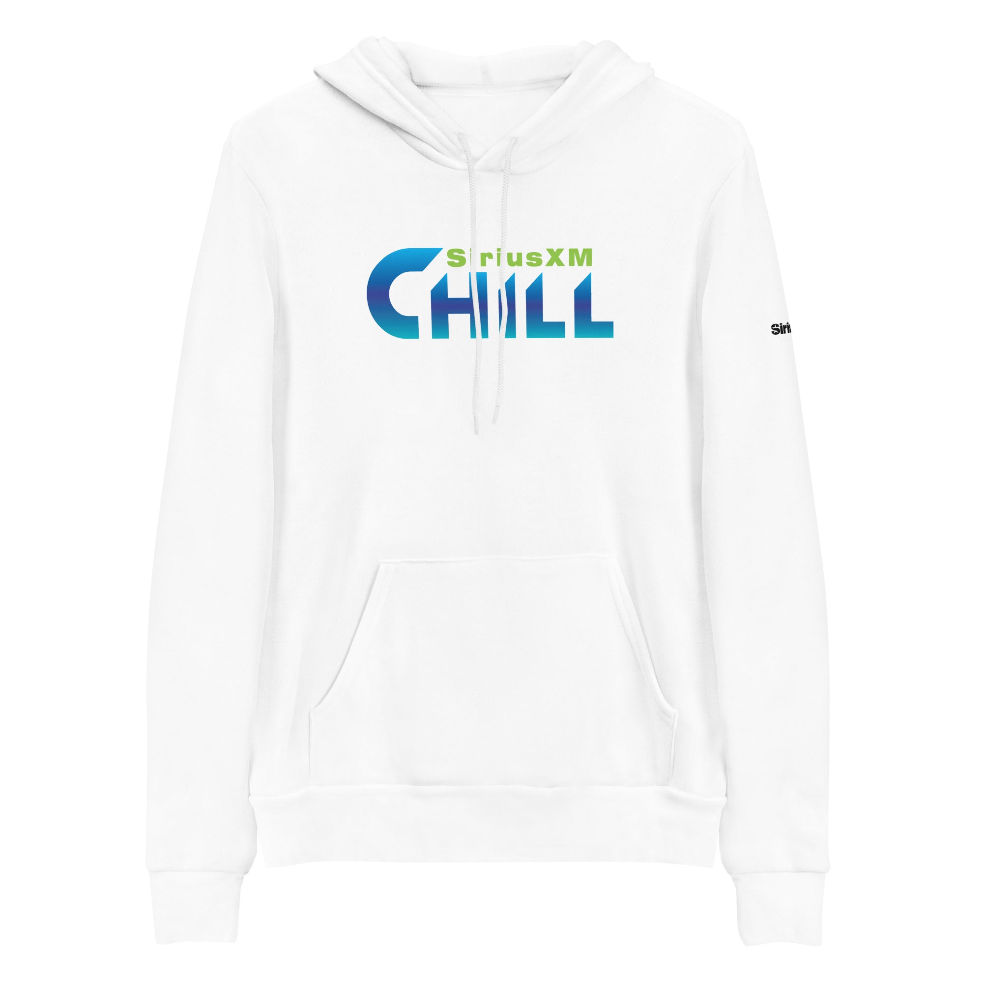 White hoodie with 'SiriusXM CHILL' logo in gradient blue and green colors on the front.