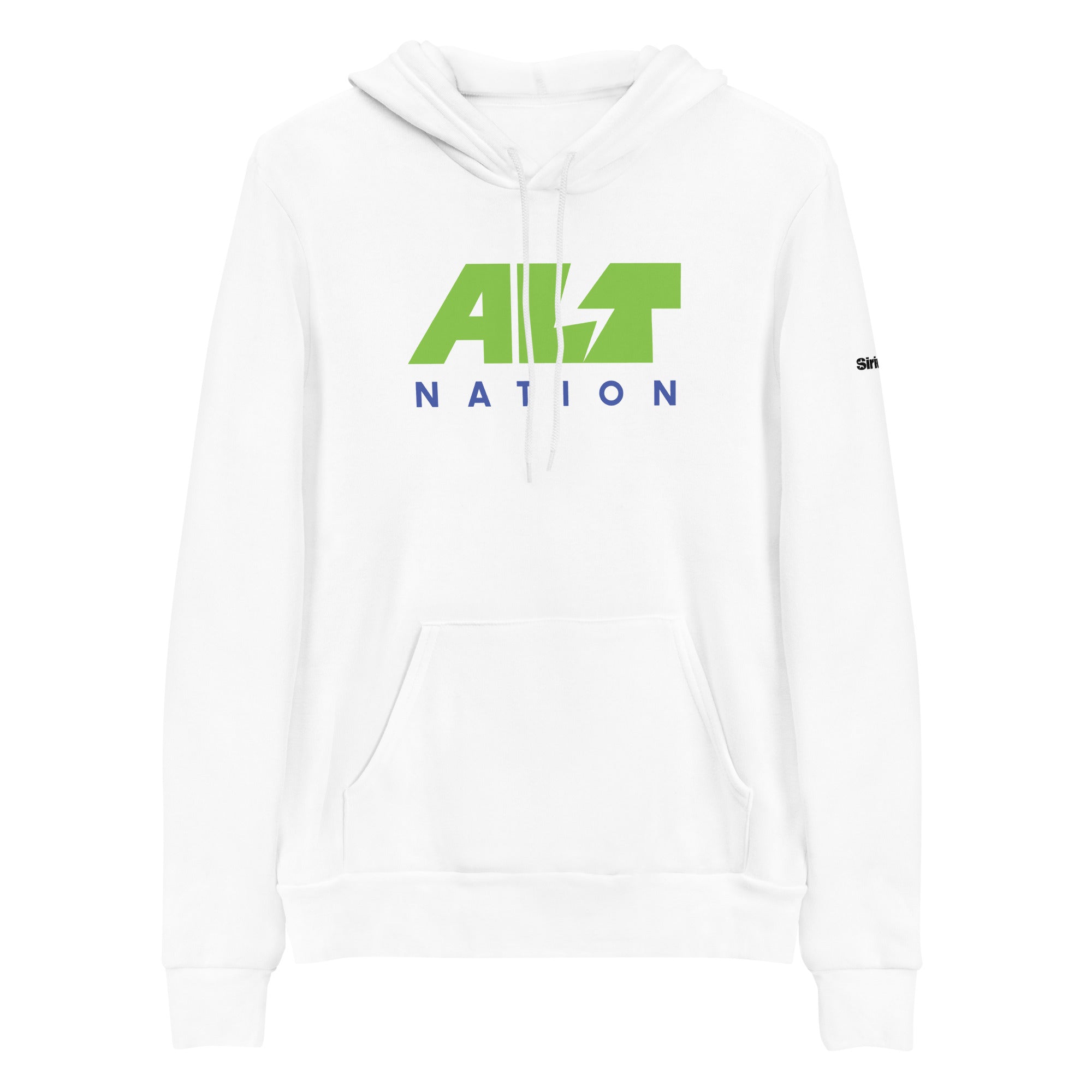 White hoodie featuring 'ALT NATION' logo in green and blue.