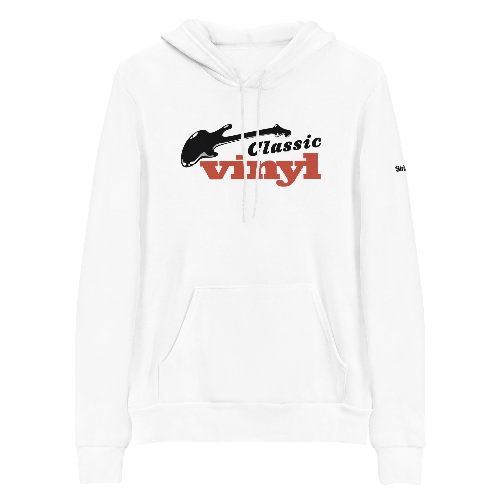 White hoodie with 'classic vinyl' text in black and red and a guitar graphic printed on the front.