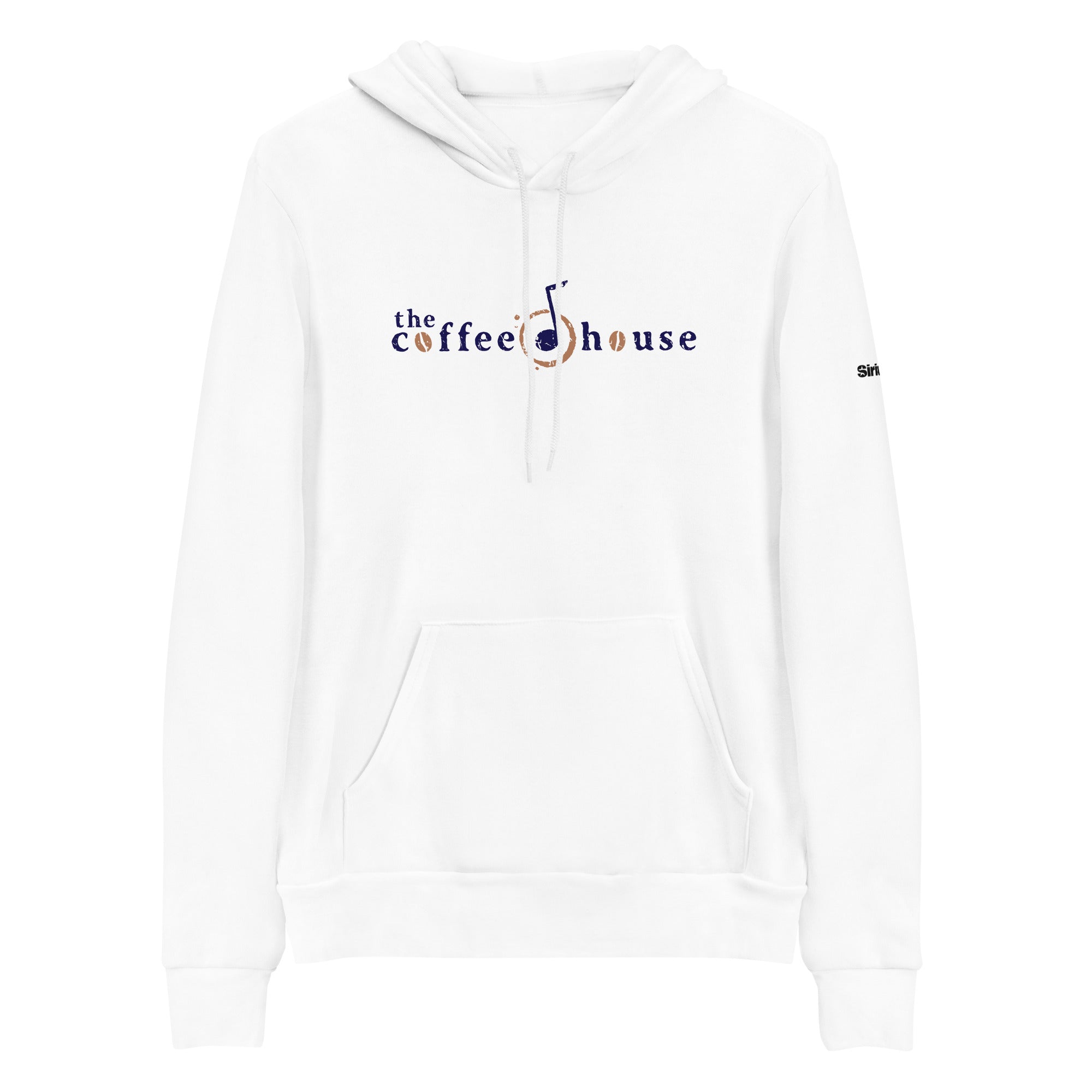 White hoodie with 'the coffee house' logo and a musical note and coffee bean design on the front.