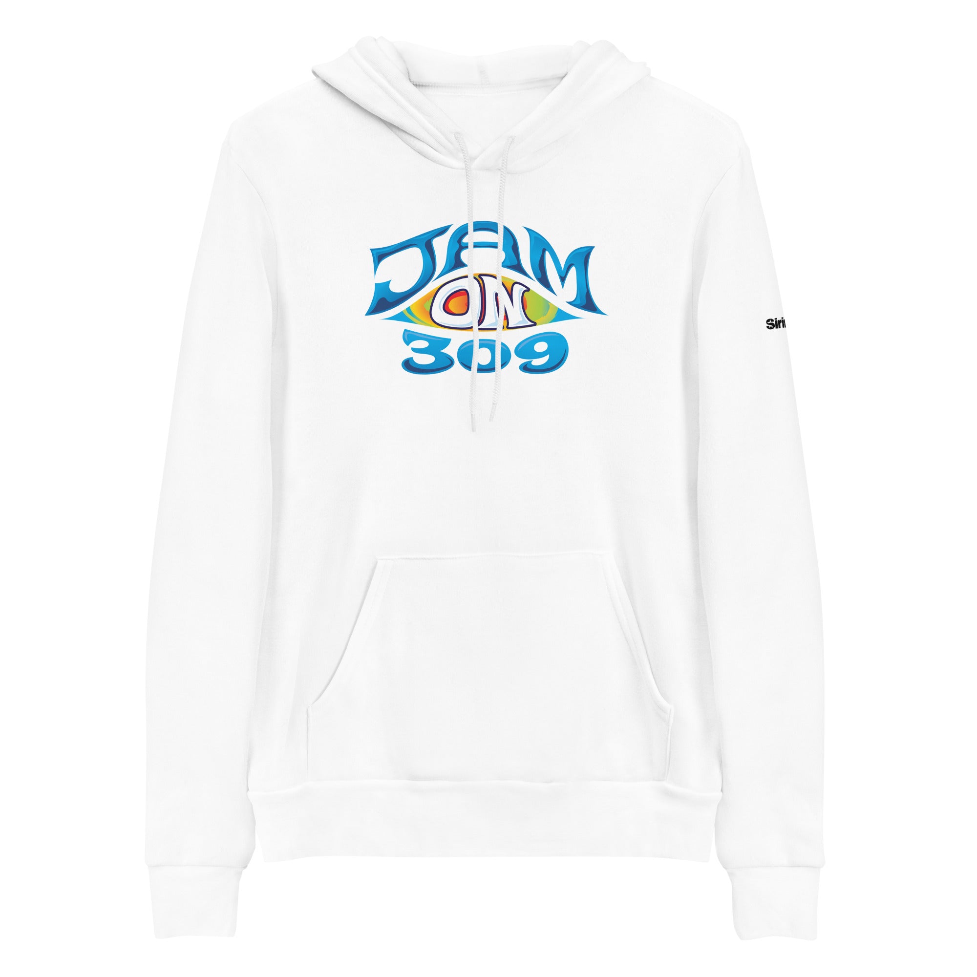 White hoodie featuring a colorful 'JAM ON 309' graphic with blue text on the front.