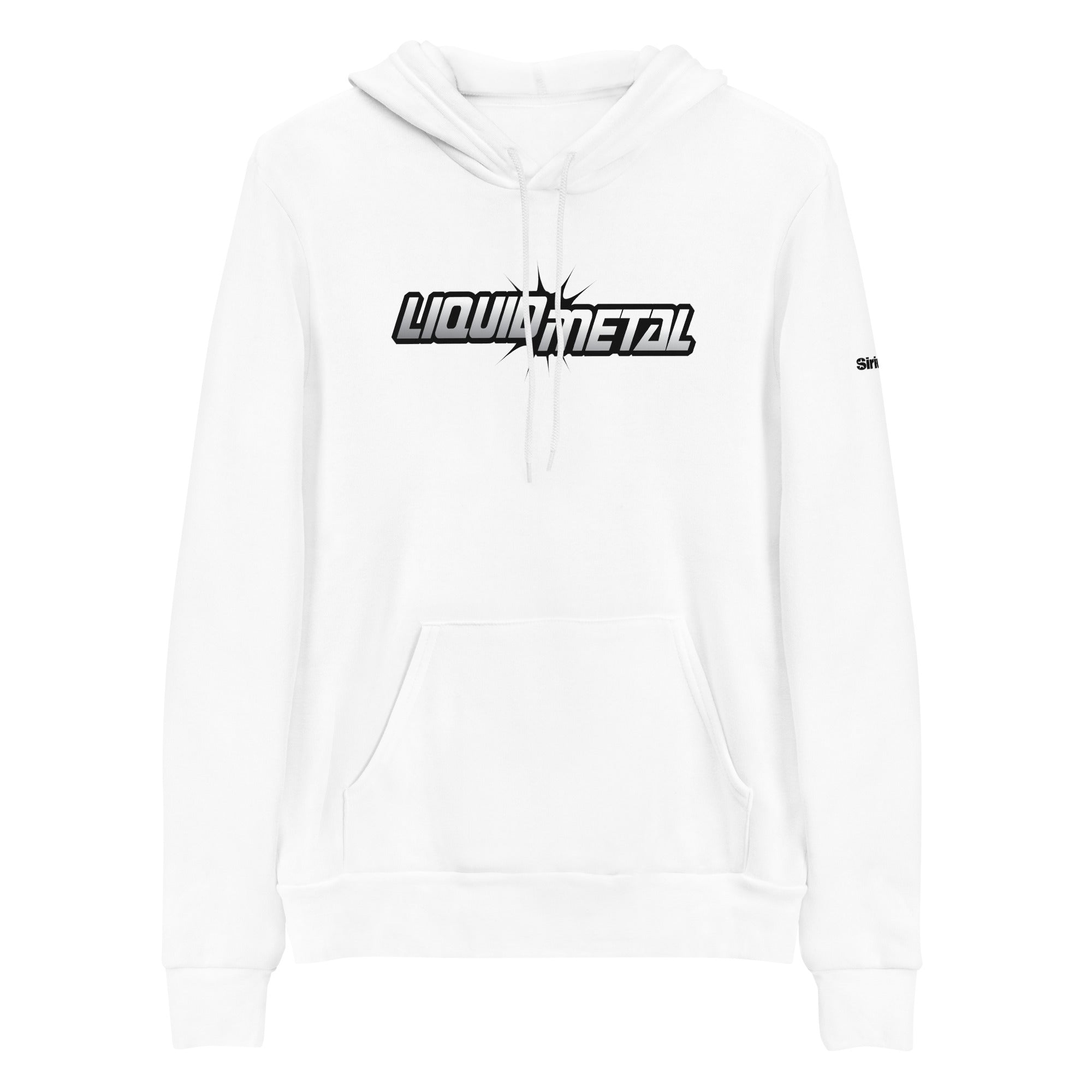 White hoodie featuring the text 'LIQUIDMETAL' in a bold black and white design.