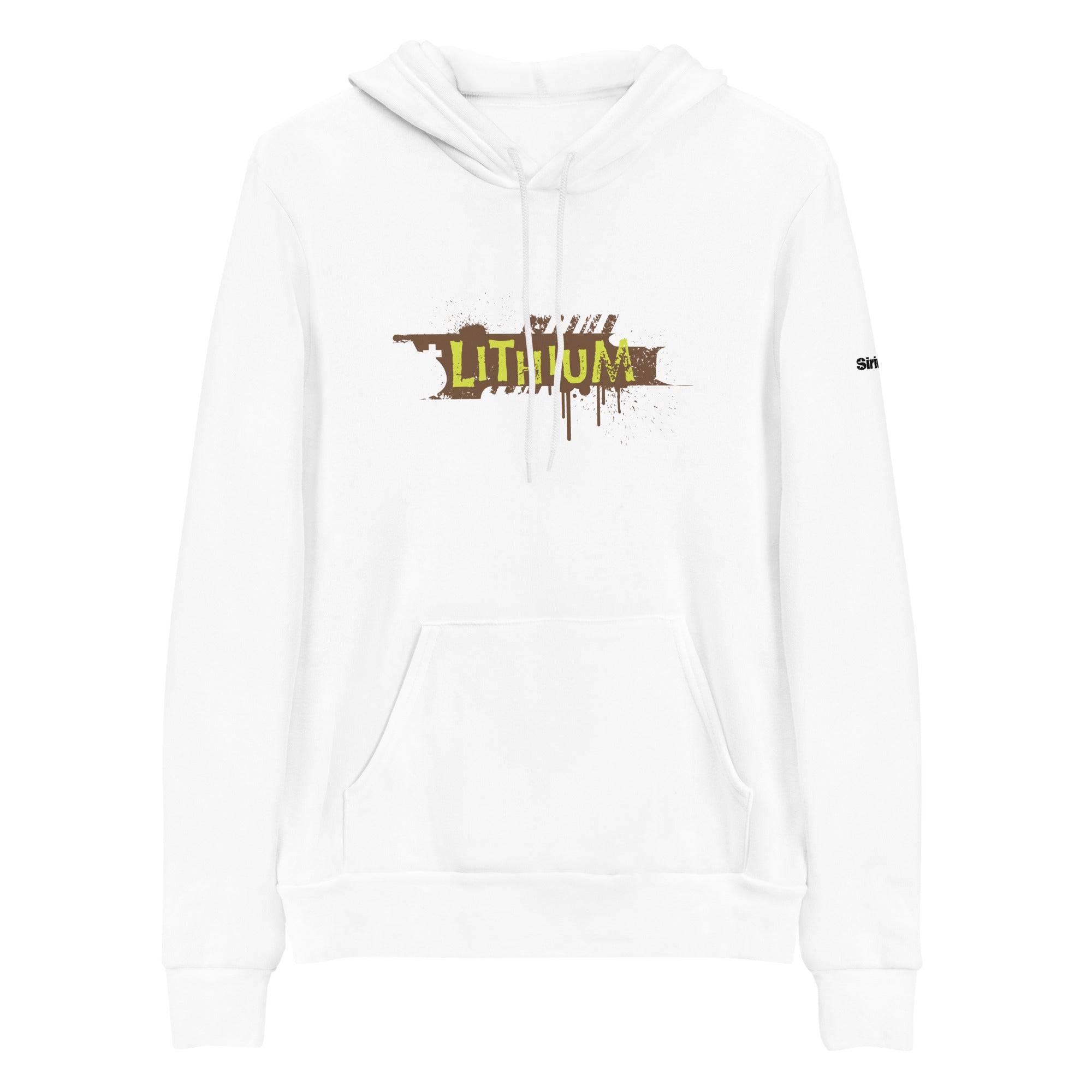 White hoodie featuring a graphic design with the word 'LITHIUM' in yellow and brown dripping paint graphic.