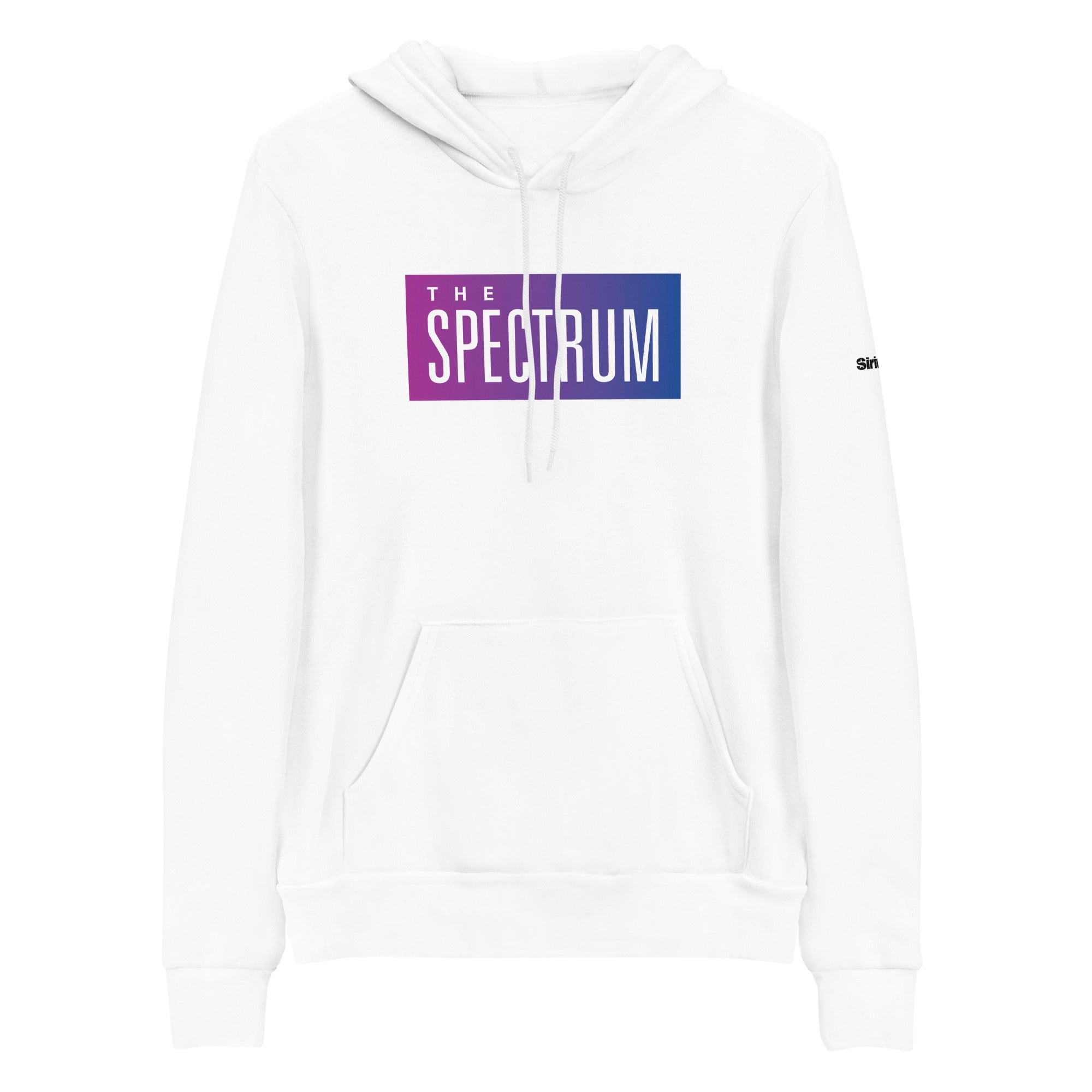 White hoodie featuring 'THE SPECTRUM' text logo in gradient purple to blue.