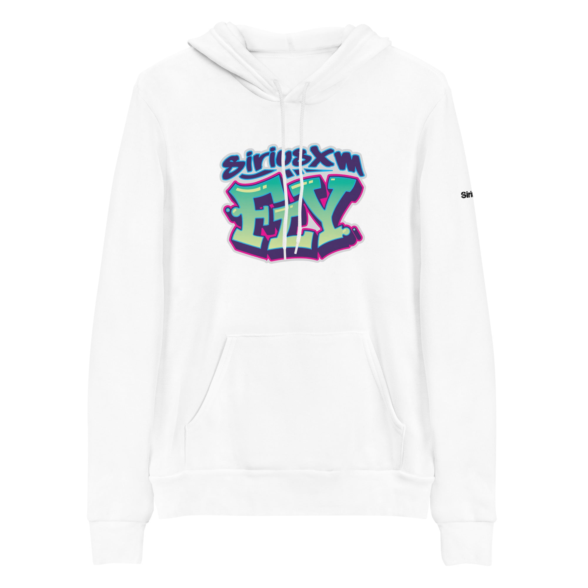 White hoodie with colorful 'Siriusxm FLY' graphic on the front. Colors include blue, green, and pink.
