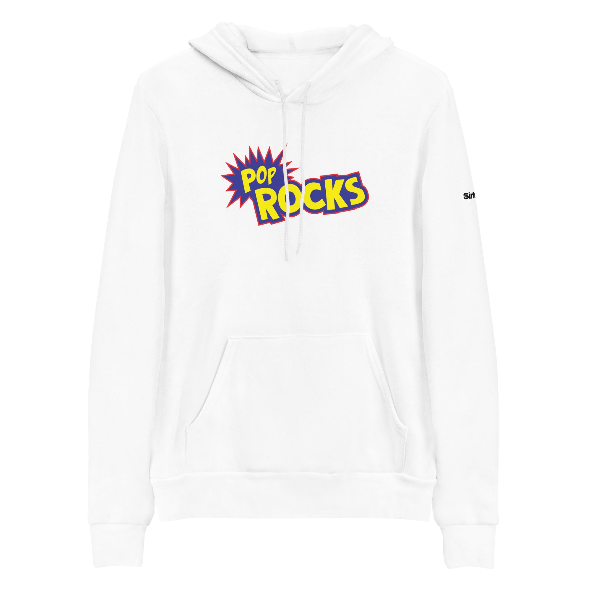 White hoodie featuring a colorful 'POP ROCKS' graphic in blue, yellow and red on the front.