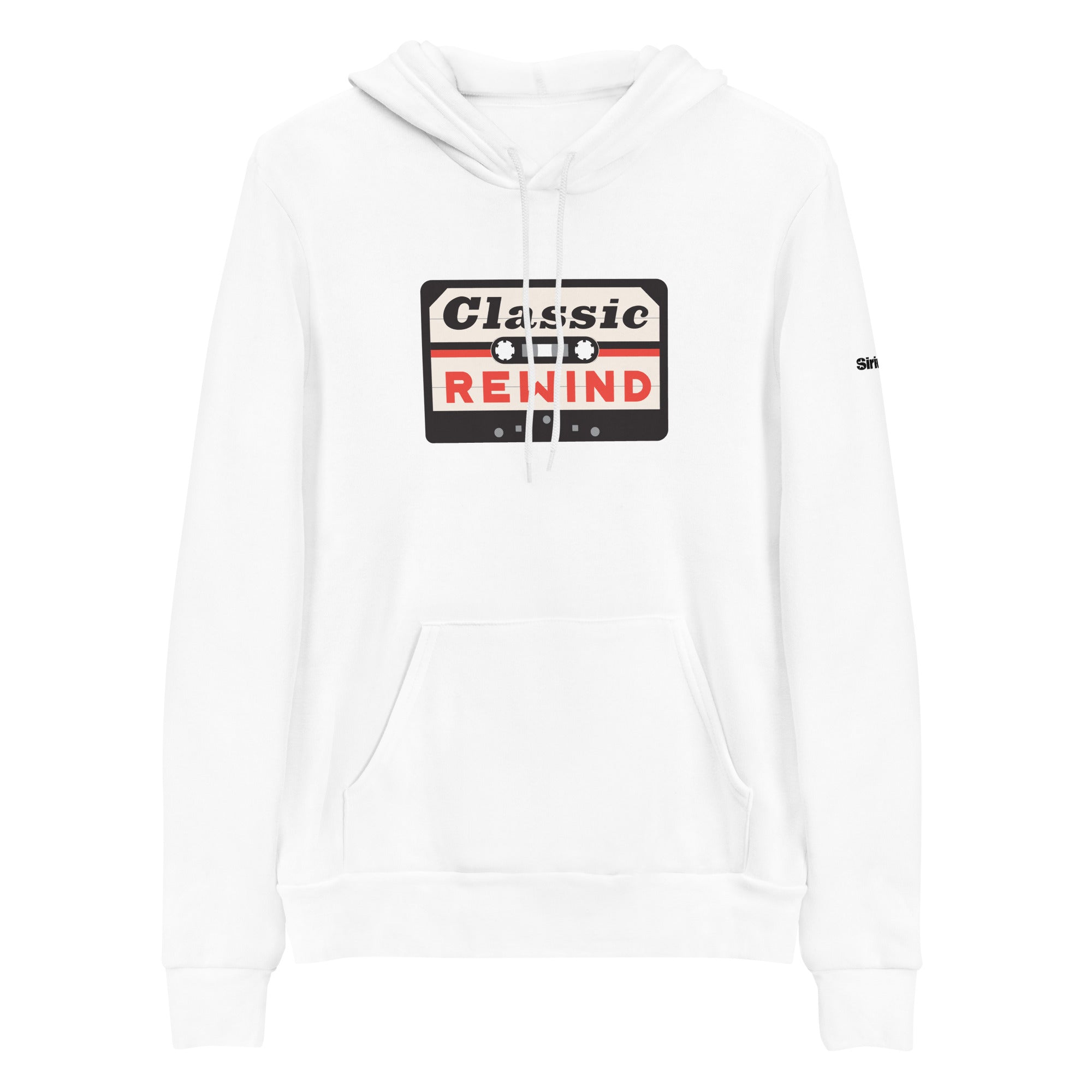 White hoodie featuring a retro cassette tape graphic with the text 'Classic REWIND' in red, white and black.