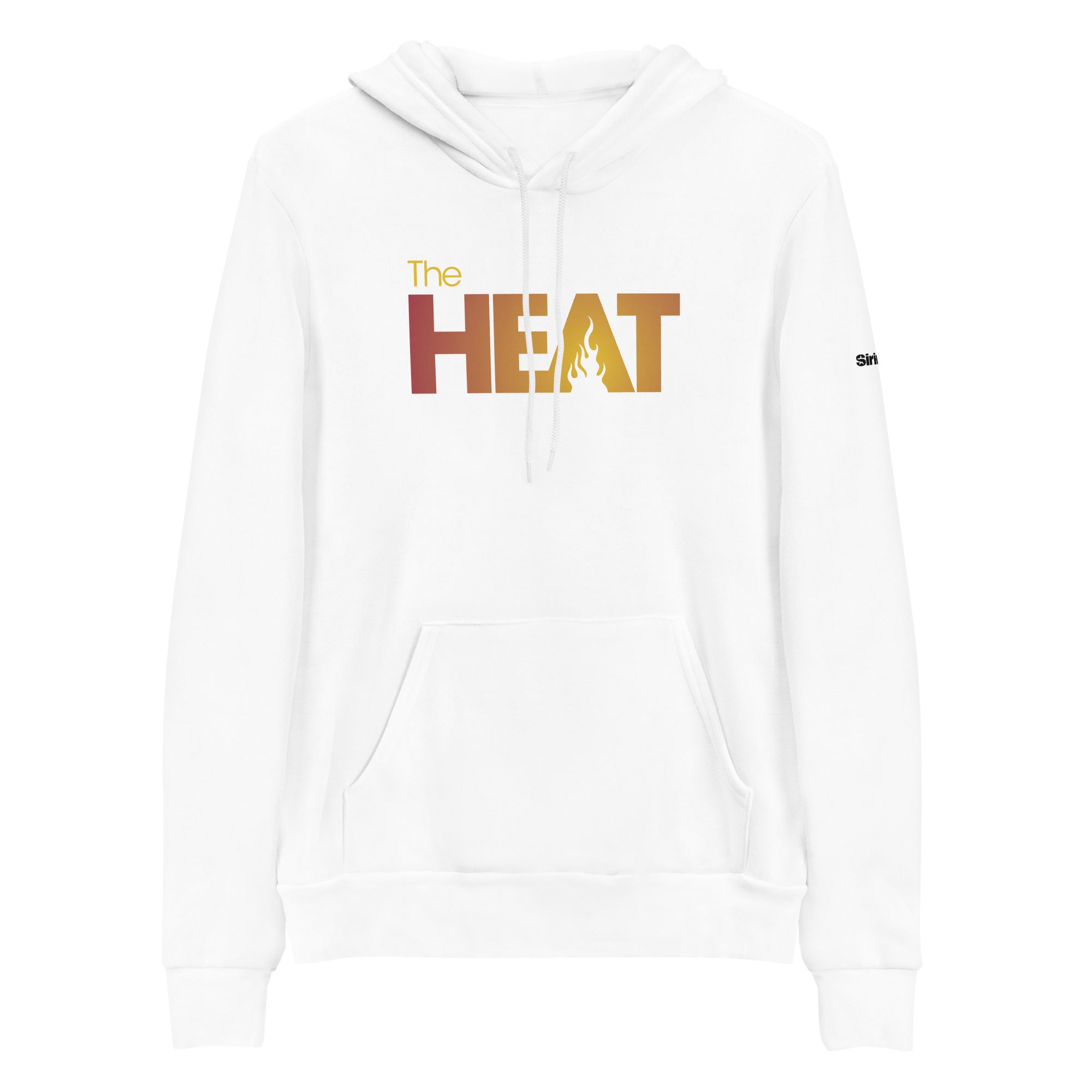 White hoodie featuring 'The HEAT' logo in an orange to yellow gradient with a flame graphic.