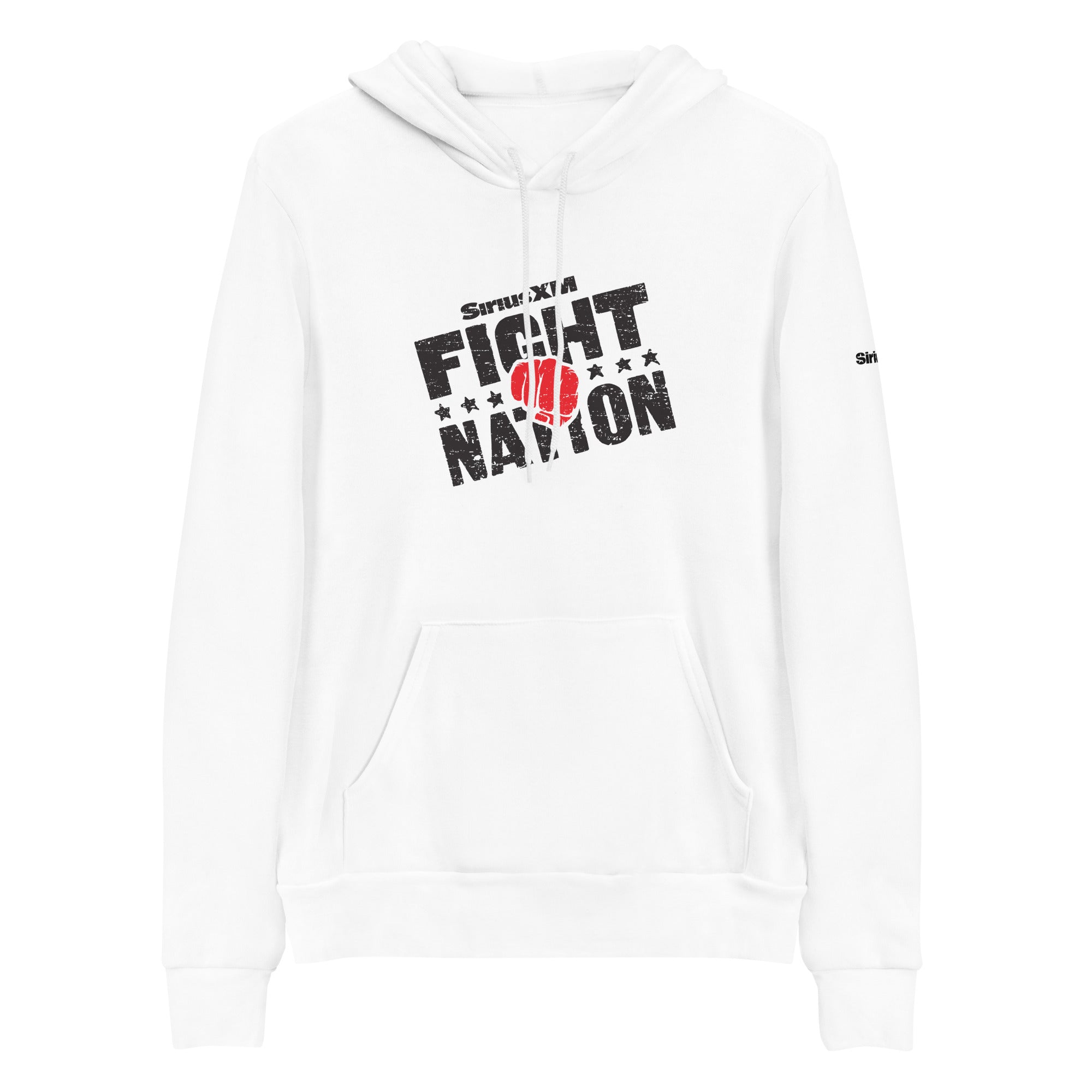 White hoodie with 'FIGHT NATION' graphic in black with red fist, featuring a kangaroo pocket.