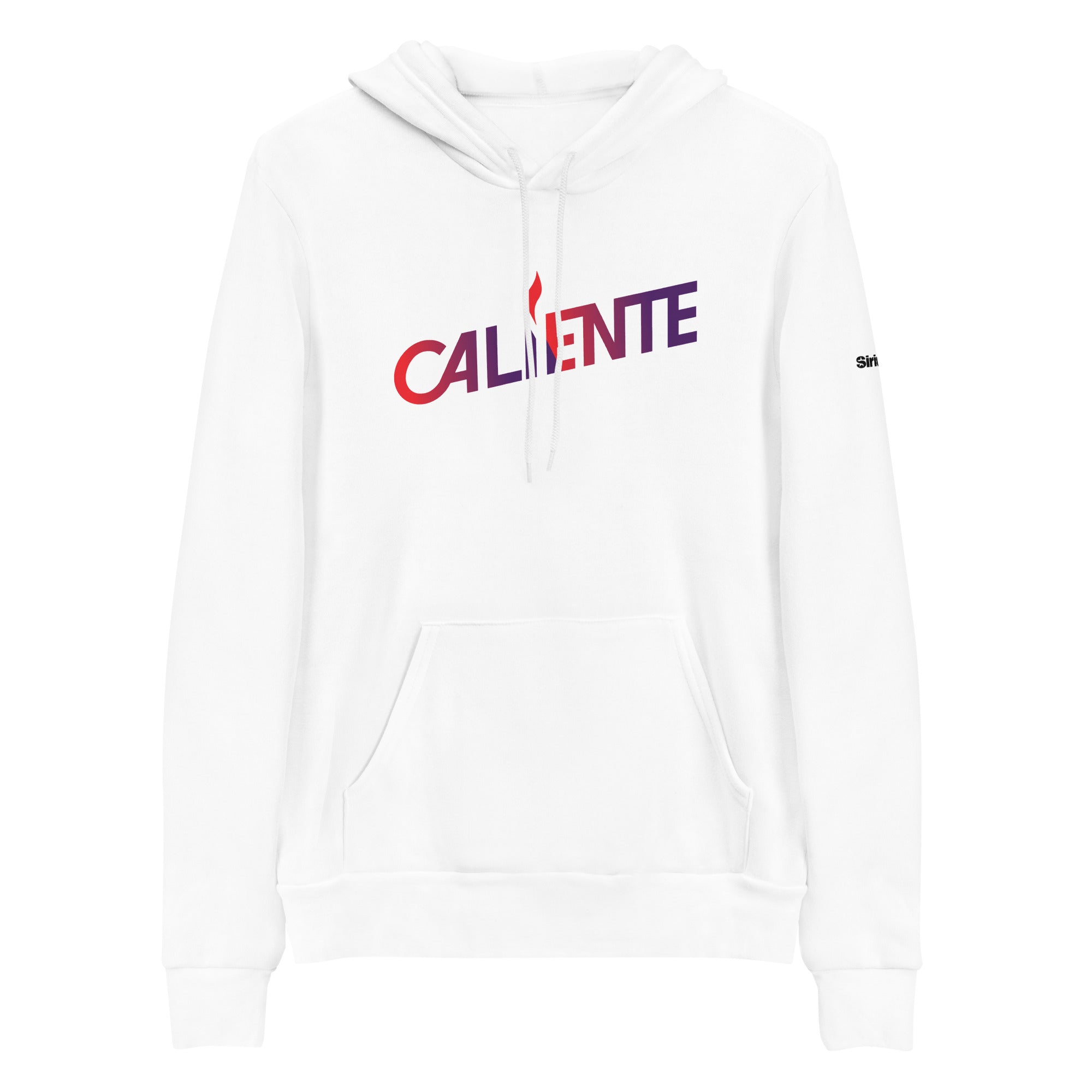 White hoodie featuring 'CALIENTE' logo in vibrant red to purple gradient letters.
