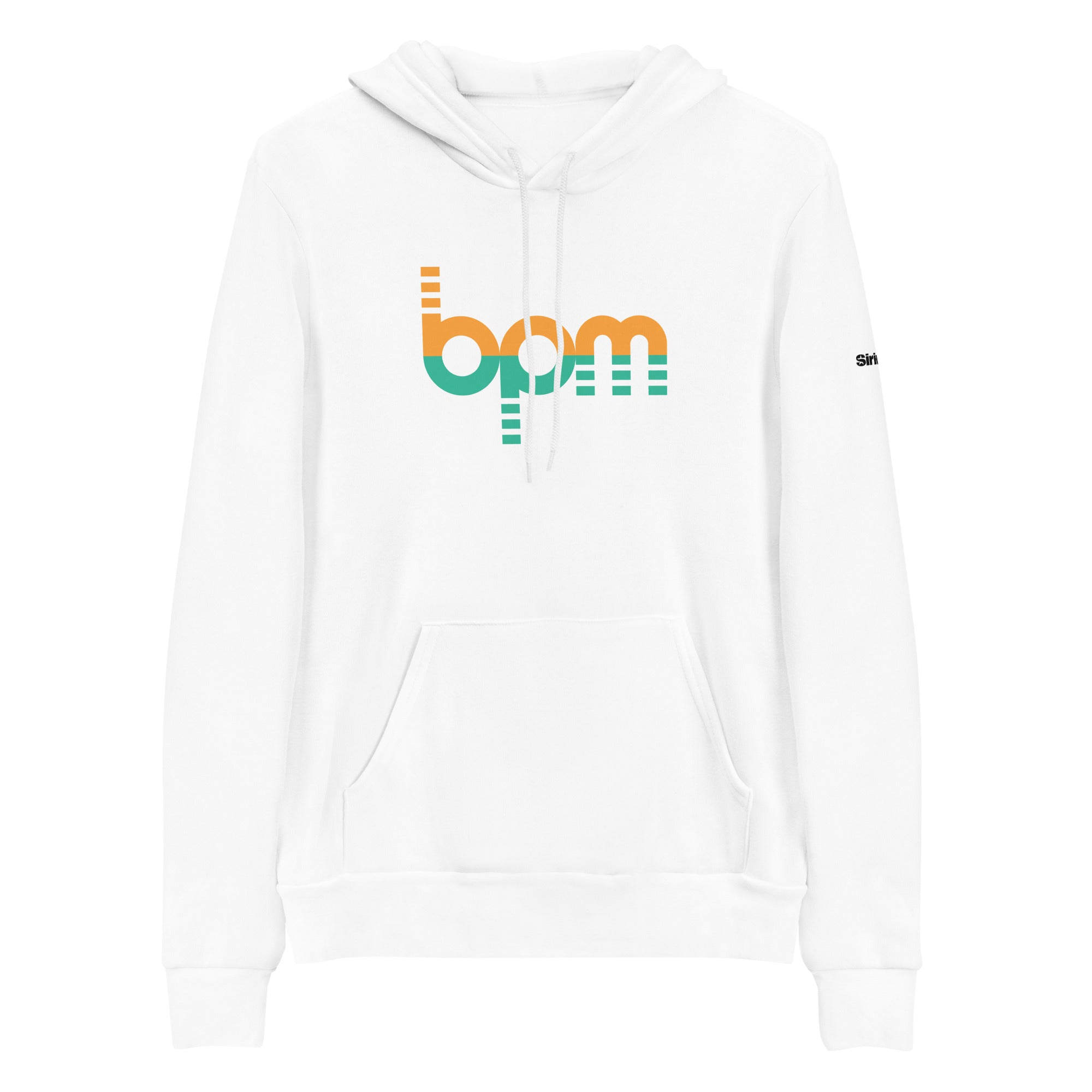 White hoodie featuring colorful 'bpm' graphic design in orange and green on the front with kangaroo pocket and white drawstring.