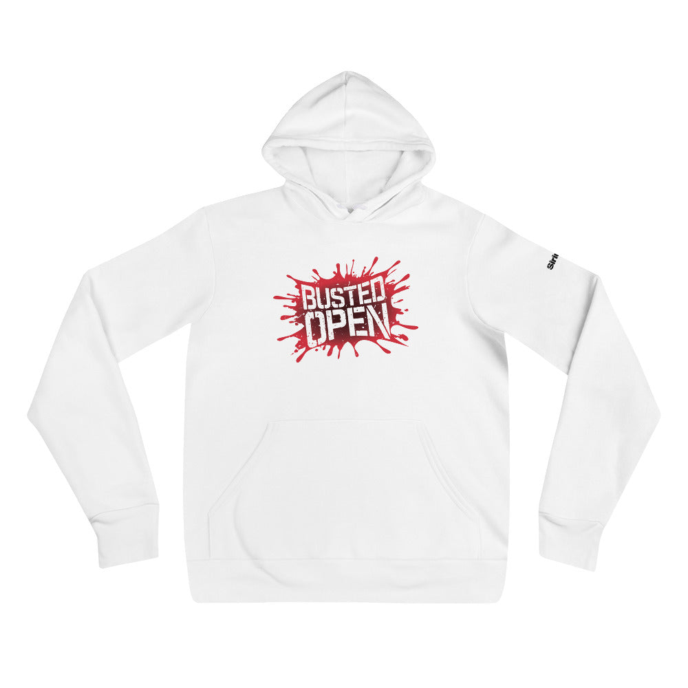 White hoodie featuring a bold red 'BUSTED OPEN' graphic on the front.