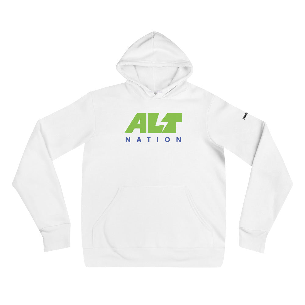 White hoodie featuring 'ALT NATION' in green and blue text on the front.