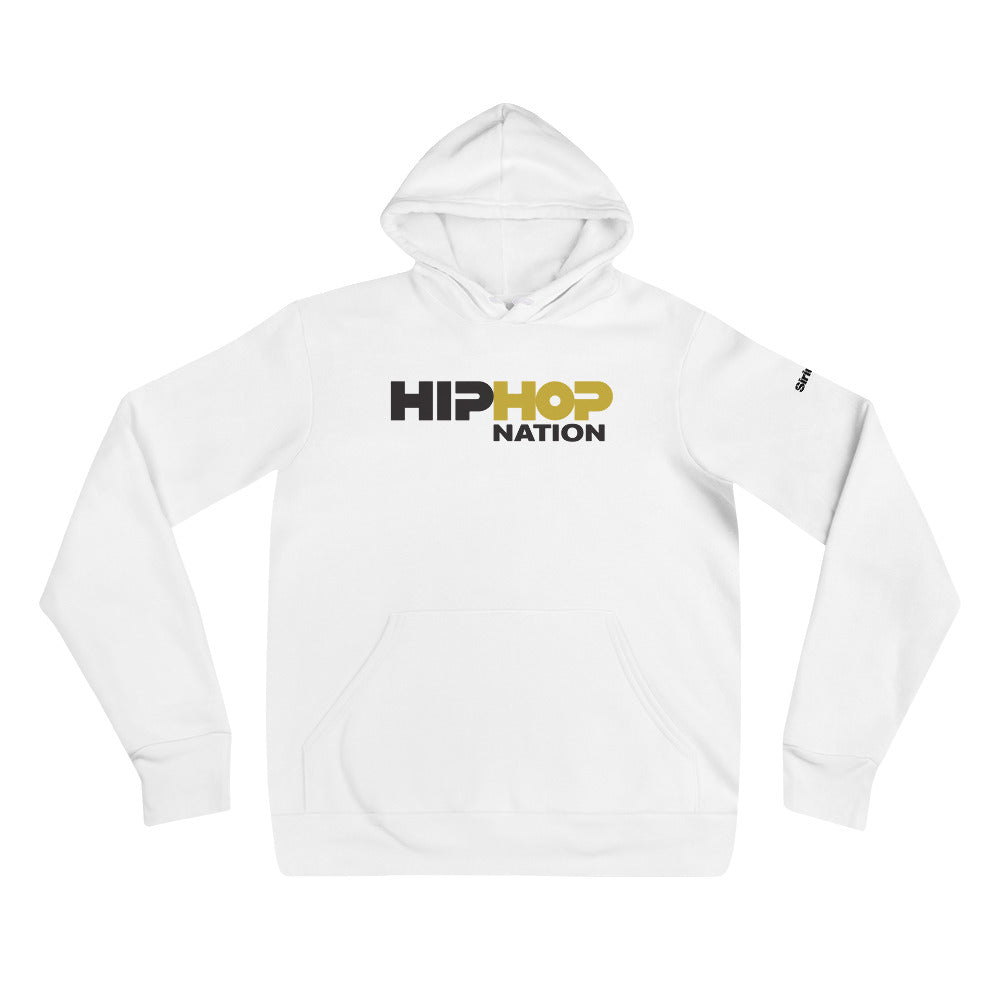 White hoodie featuring 'HIP HOP NATION' logo in black and gold, with a front pocket and drawstring hood.
