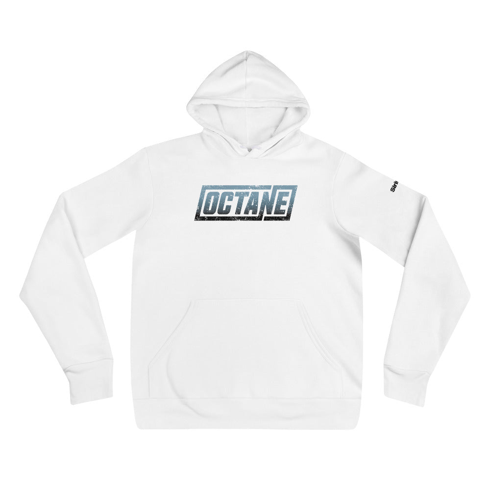 White hoodie featuring an 'OCTANE' graphic logo in blue and black on the front and a kangaroo pocket.