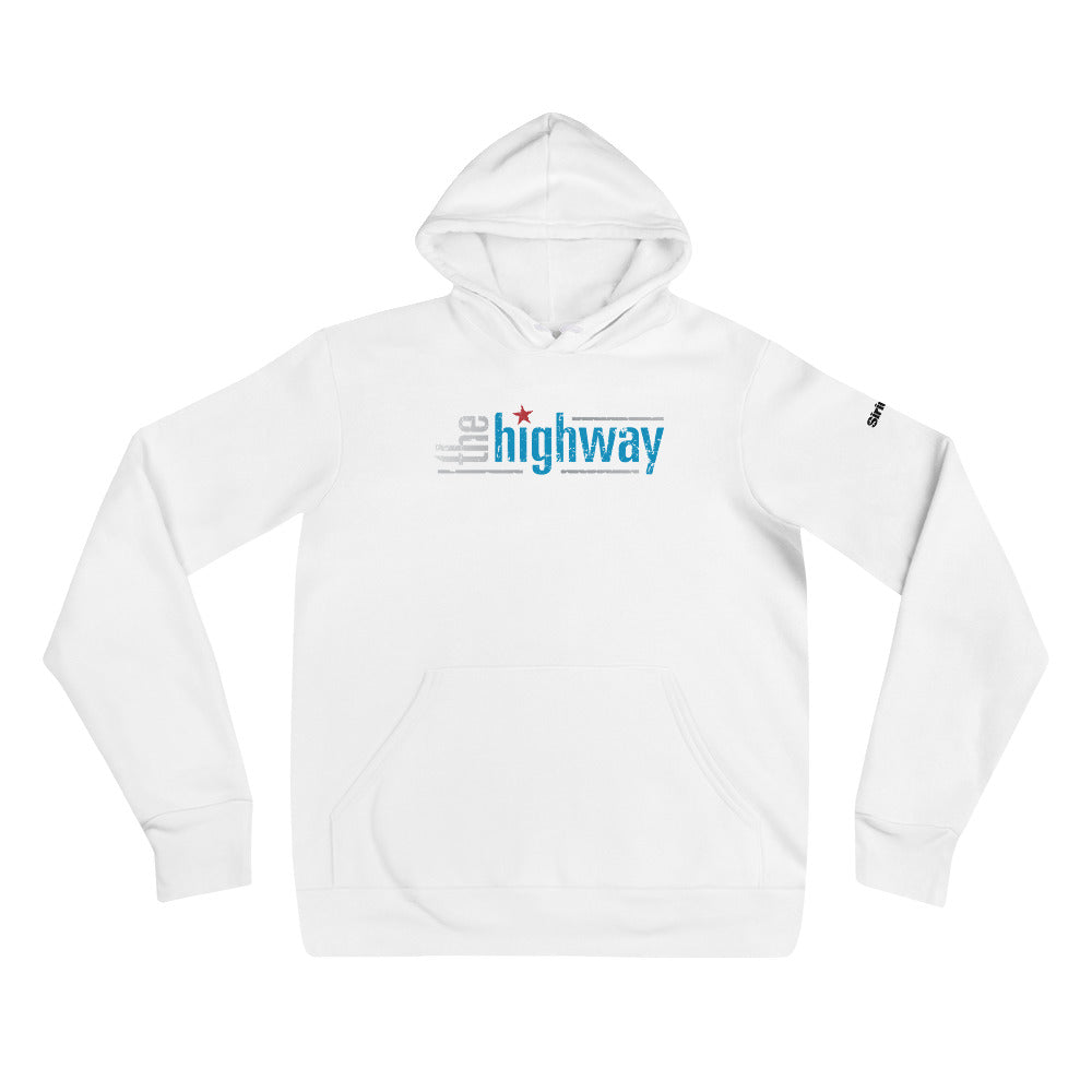 White hoodie with 'the highway' graphic design in blue, gray, and red colors, with a star element on the front.