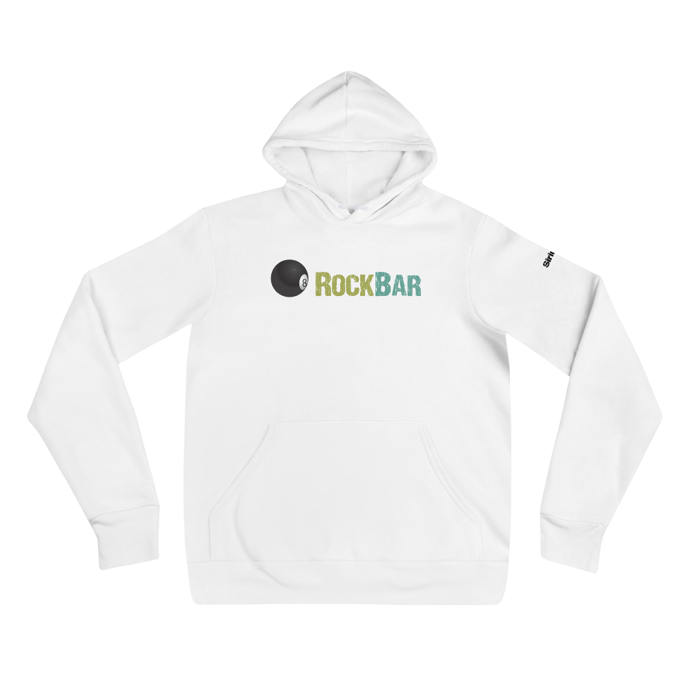 White hoodie featuring the text 'ROCKBAR' and a black billiard ball graphic, on a black background.