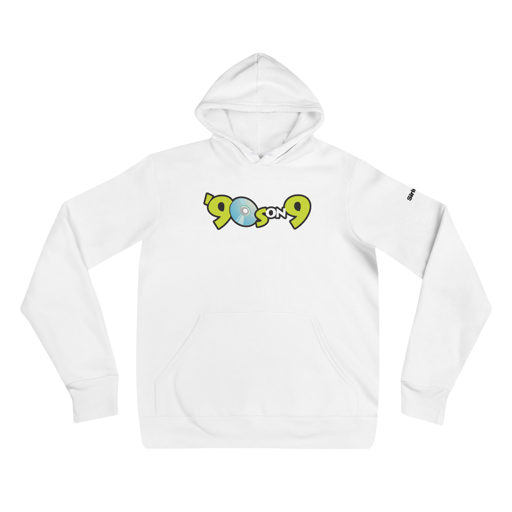 White hoodie featuring a light blue and vivid green graphic with the text ''90s on 9' and a CD illustration.