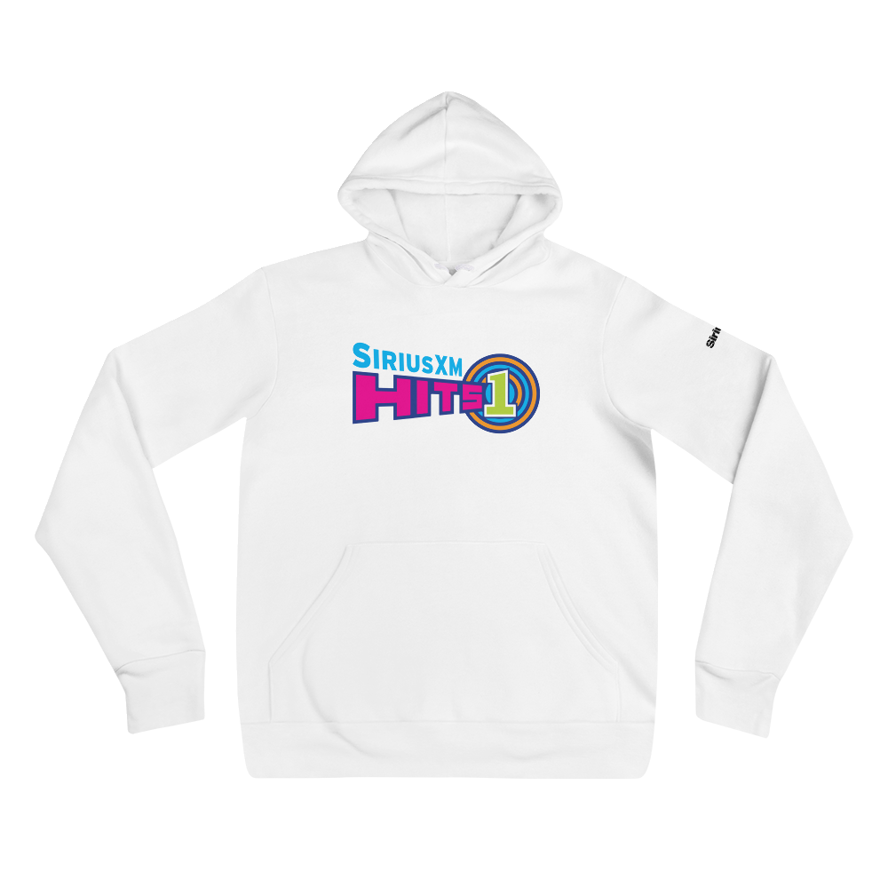 White hoodie featuring 'SiriusXM HITS1' logo in colorful text on the front. Colors include pink, purple, orange and vivid green.