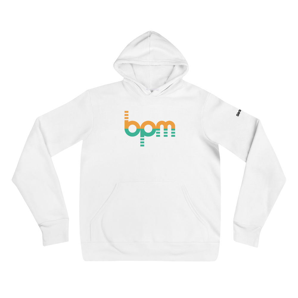 White hoodie with 'bpm' graphic design in orange and green colors on the front.