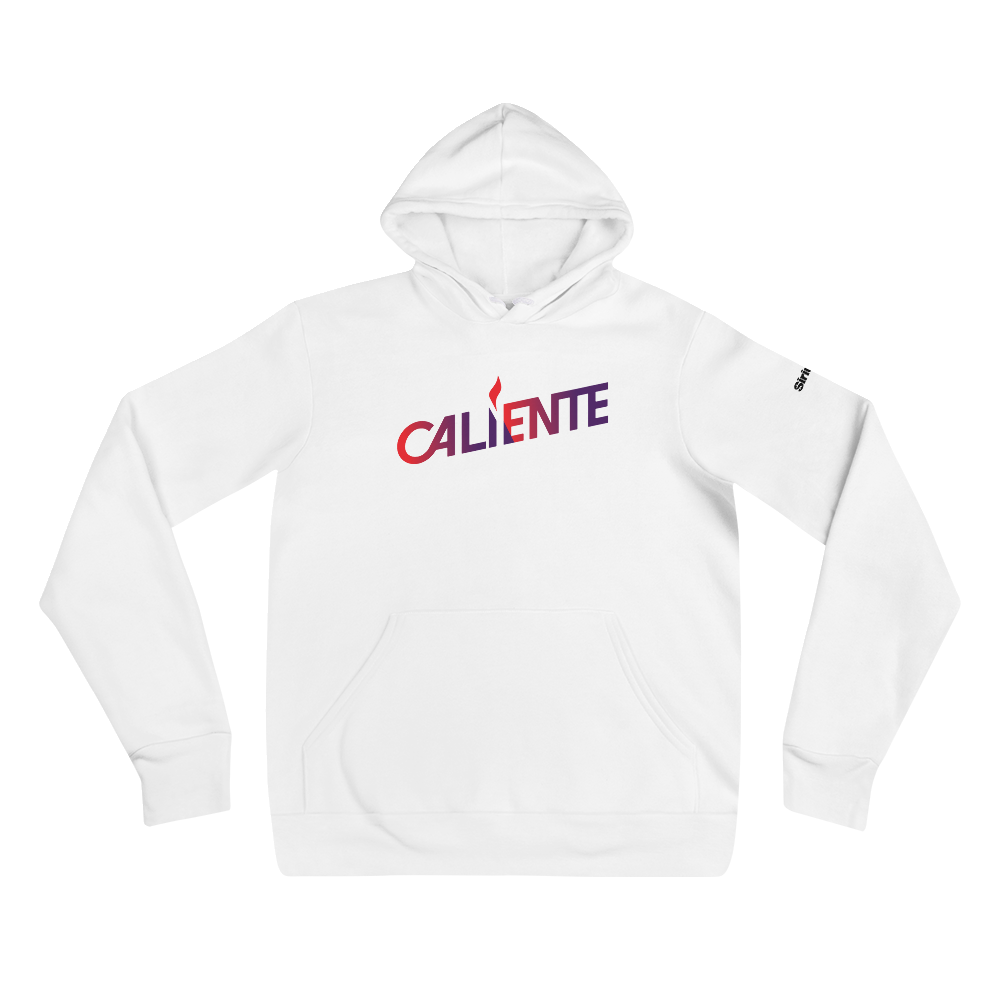 White hoodie featuring the vibrant text 'CALIENTE' in vibrant red to purple gradient letters.