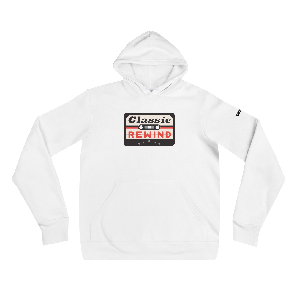 White hoodie featuring a retro cassette tape design with 'Classic Rewind' text in red, white and black.