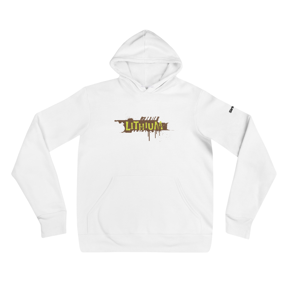 White hooded sweatshirt with a 'Lithium' graphic in brown and gold, featuring dripping paint details.
