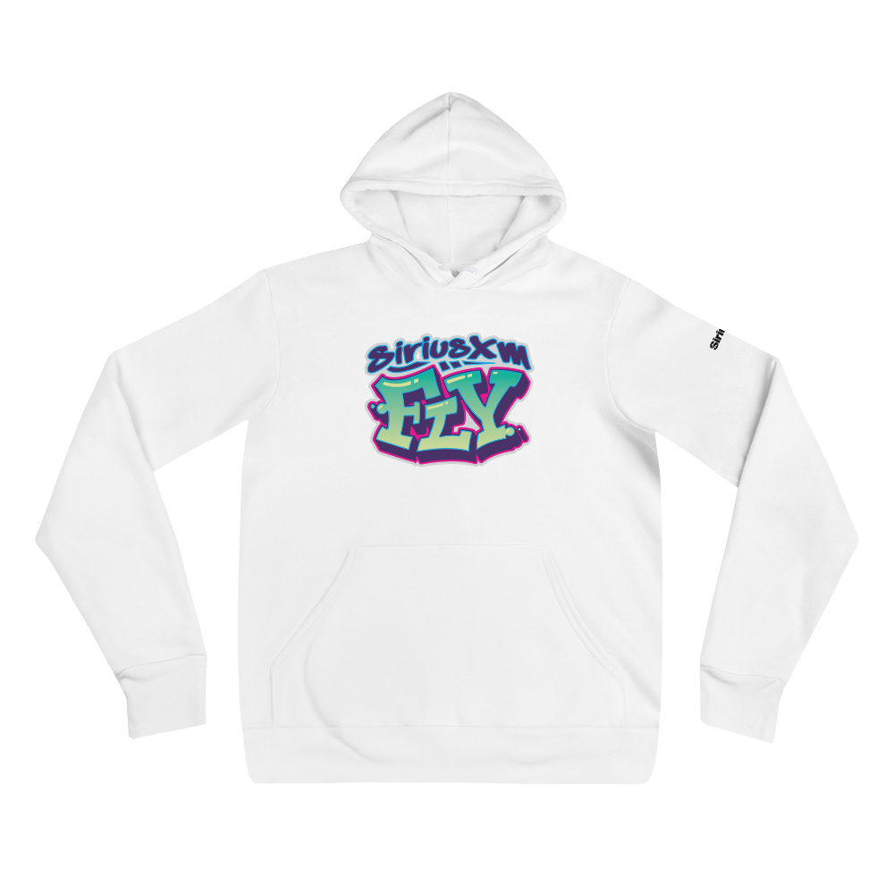 White hoodie featuring colorful 'SiriusXM FLY' graffiti-style logo on the front. Colors include blue, green, and pink.