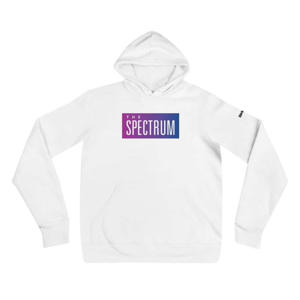 White hoodie with 'THE SPECTRUM' logo in purple and blue gradient colors on the front.