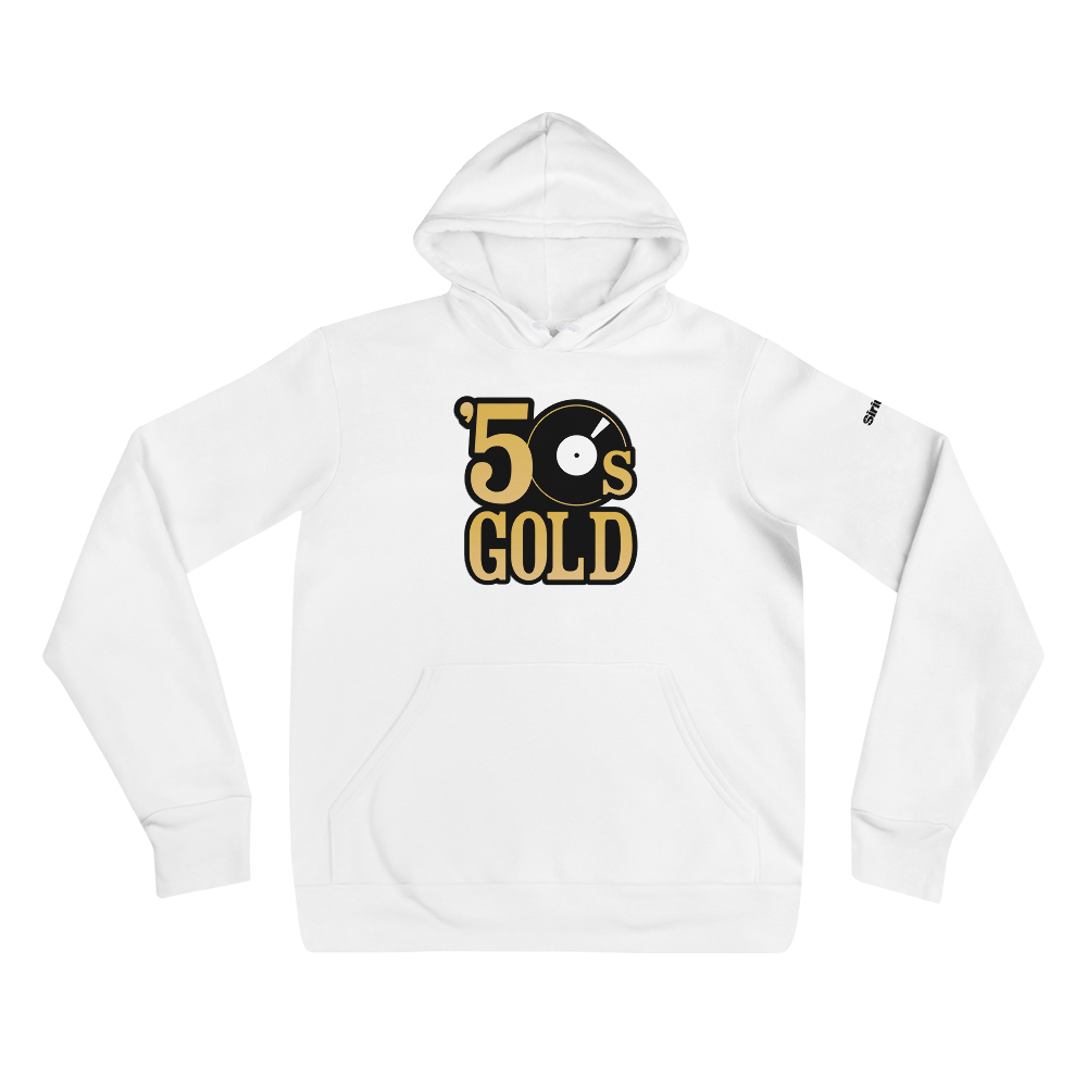 White hoodie featuring the text ''50s GOLD' in a black, white and gold color scheme; with a vinyl record graphic.