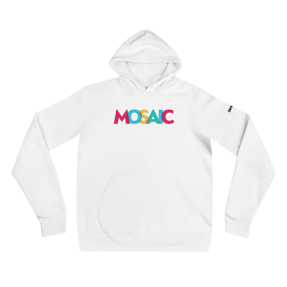 White hoodie featuring a colorful 'MOSAIC' logo in cranberry, blue, yellow, and tourquise on the front.