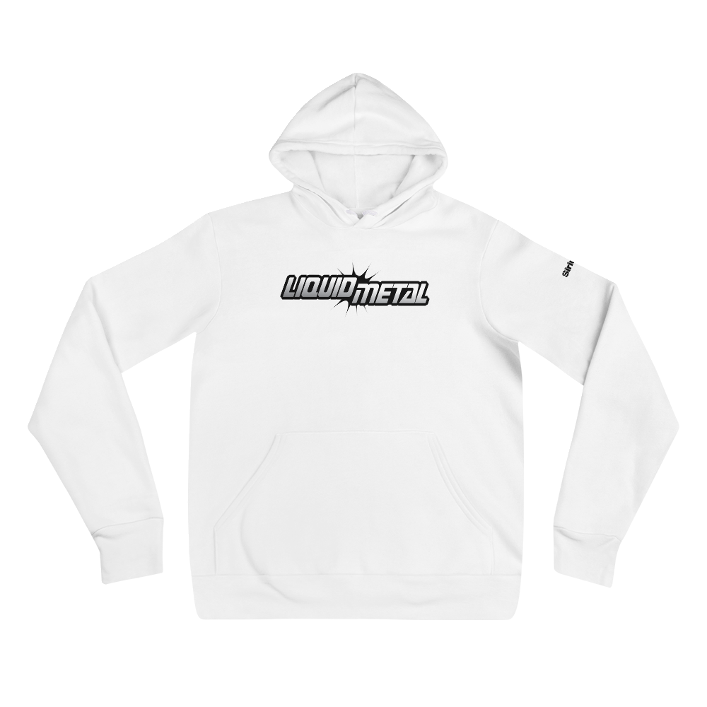 White hoodie featuring the text 'LIQUID METAL' in a bold, stylish black and white design.