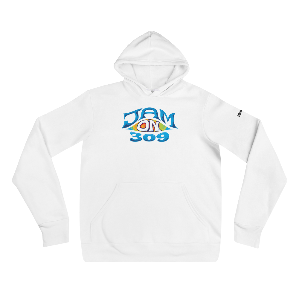 White hoodie featuring colorful 'JAM ON 309' graphic with blue text on the front.