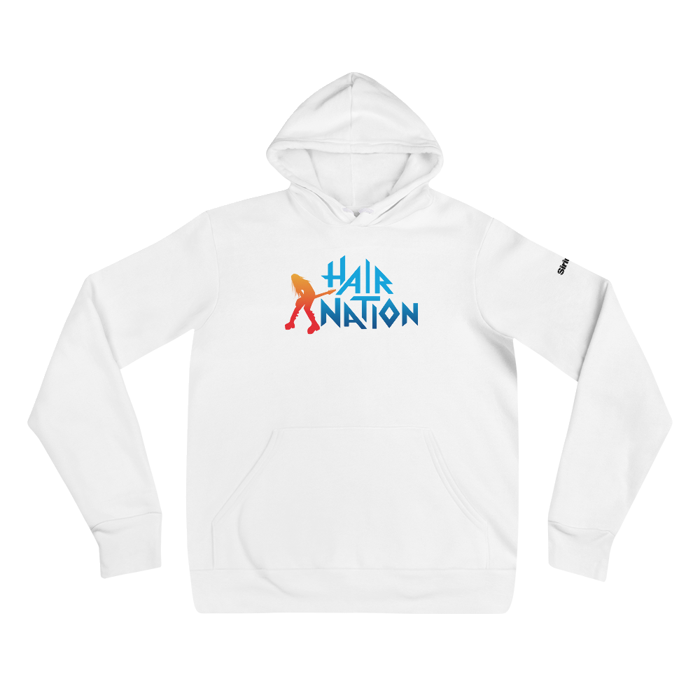 White hoodie featuring the text 'HAIR NATION' in blue and orange letters on the front.