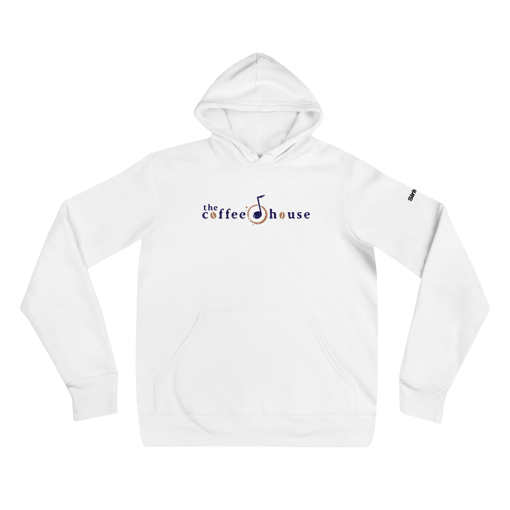 White hoodie featuring 'the coffee house' logo with a musical note and coffee bean design.