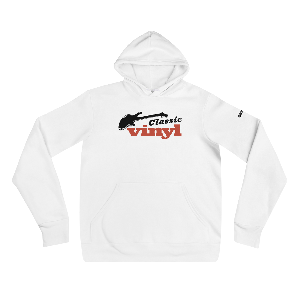 White hoodie featuring a graphic design with a guitar and the text 'Classic Vinyl' in black and red.