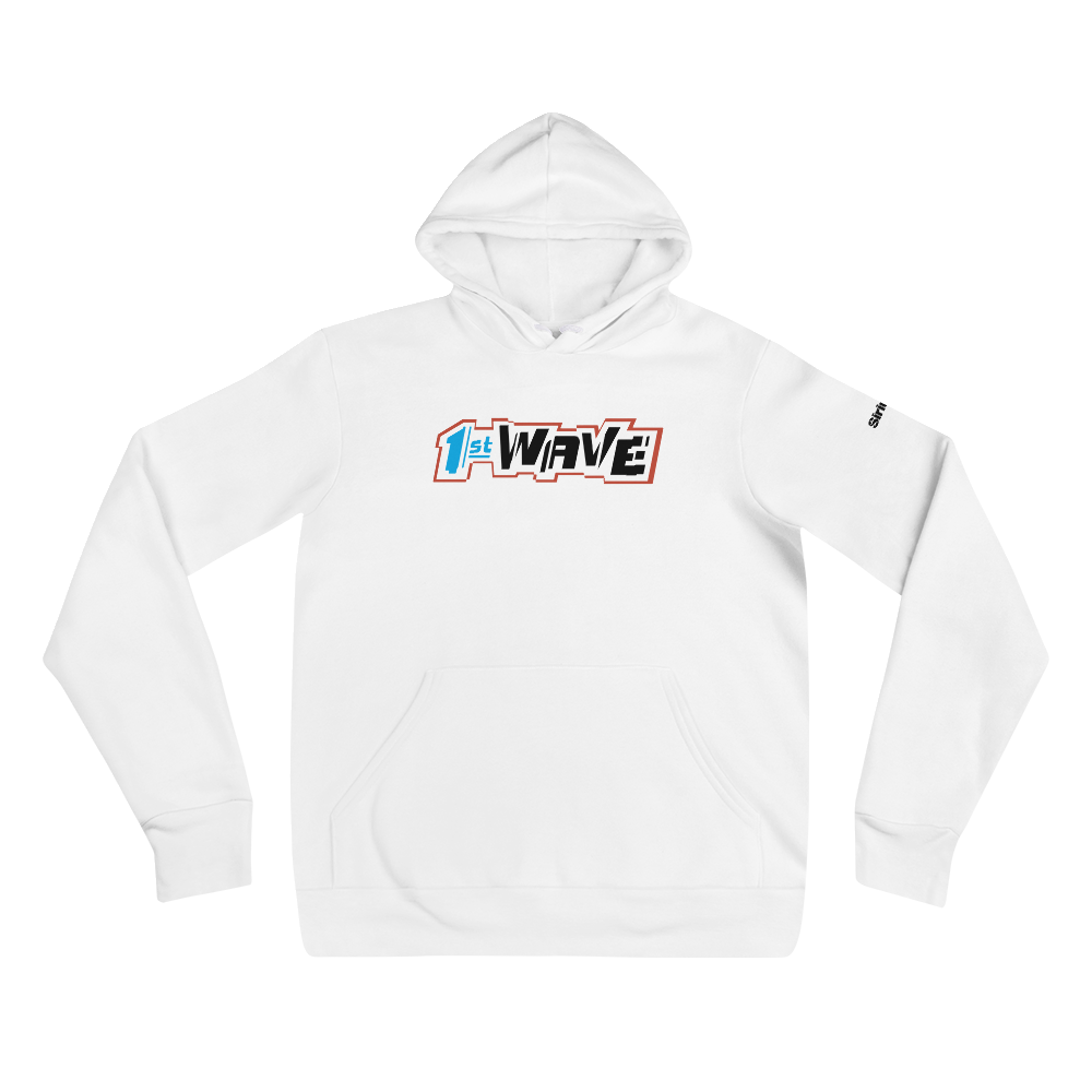White hoodie featuring '1st WAVE'  bold, black and blue letters and red outline design on the front.