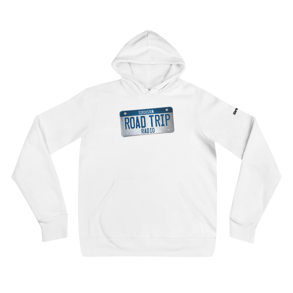 White hoodie with 'ROAD TRIP RADIO' license plate design in blue and white on the front.