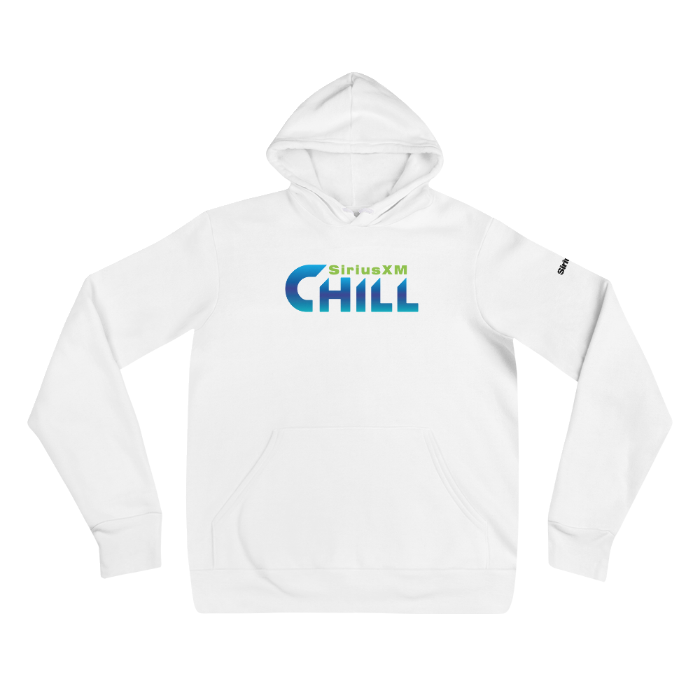 White hoodie featuring 'SiriusXM CHILL' text in blue and green colors.