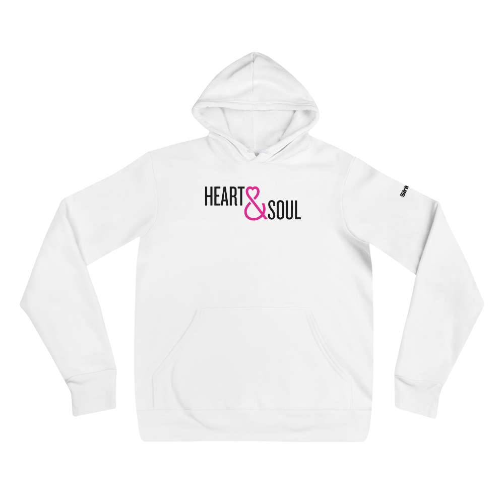 White hoodie with 'HEART & SOUL' printed in black and pink text on the front.