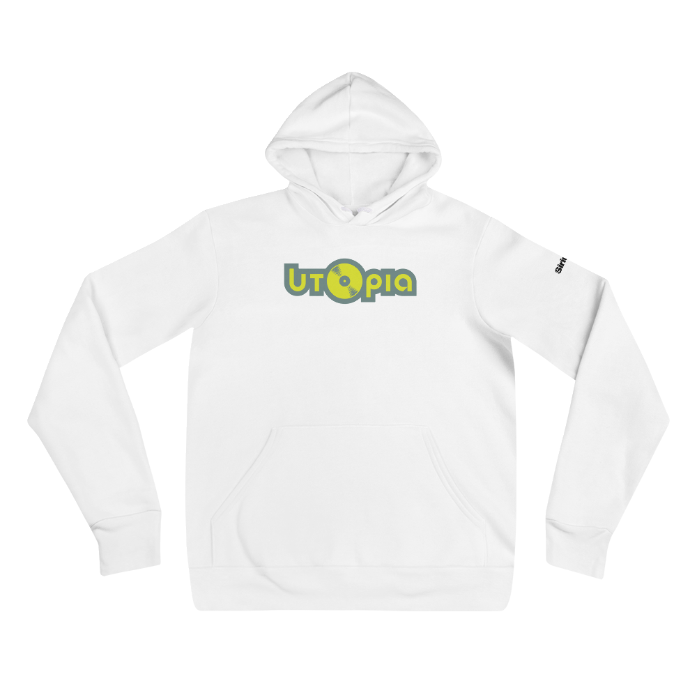 White hoodie featuring the word 'Utopia' in green and yellow lettering with vinyl record design.