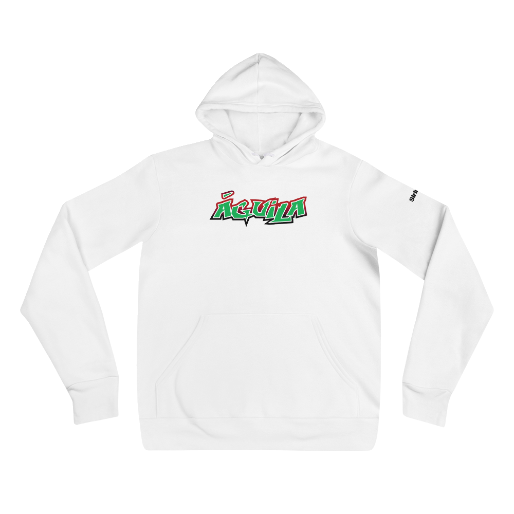 White hoodie featuring colorful graffiti-style text 'Aguila' on the front.