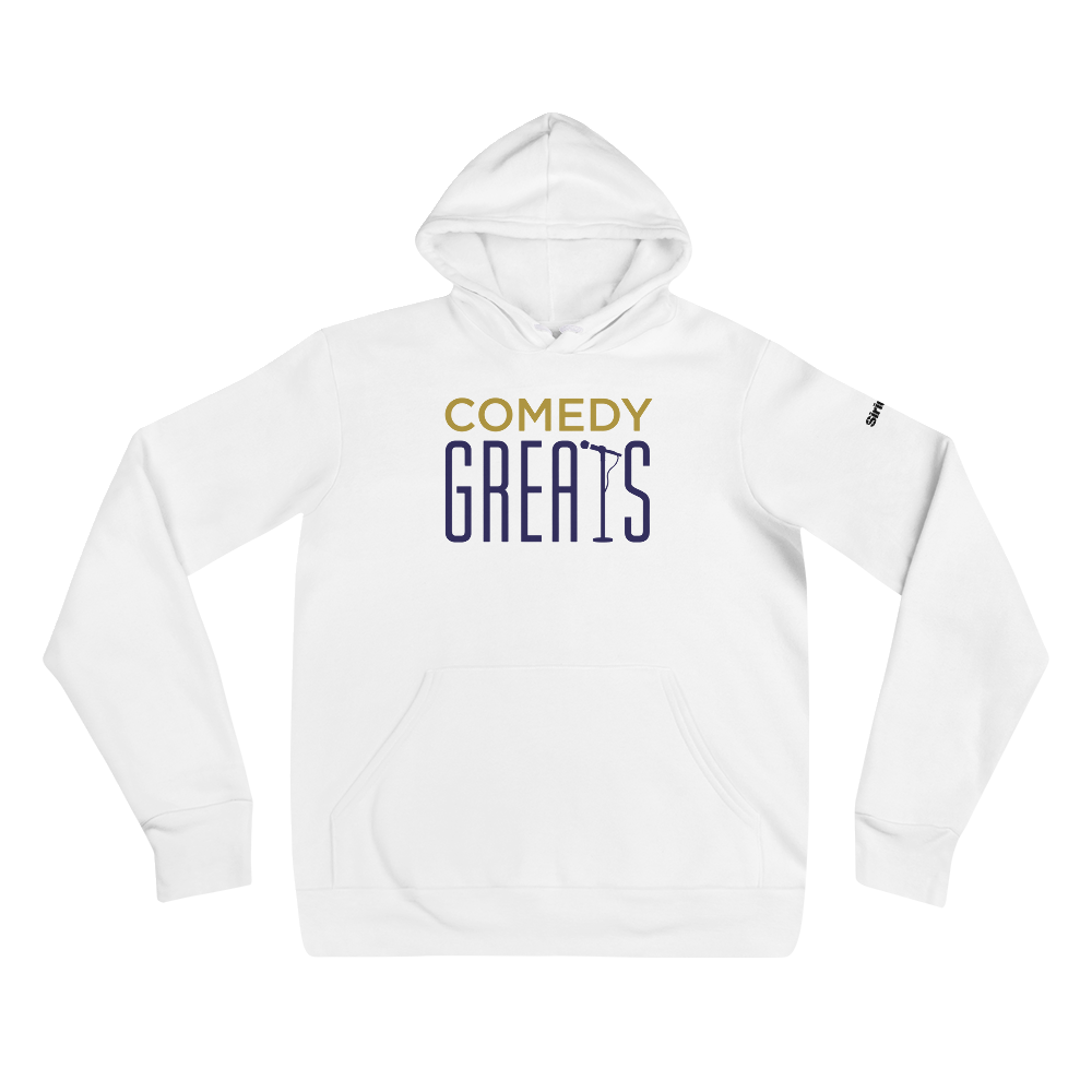White hoodie featuring the text 'COMEDY GREATS' in yellow and purple with a microphone icon.