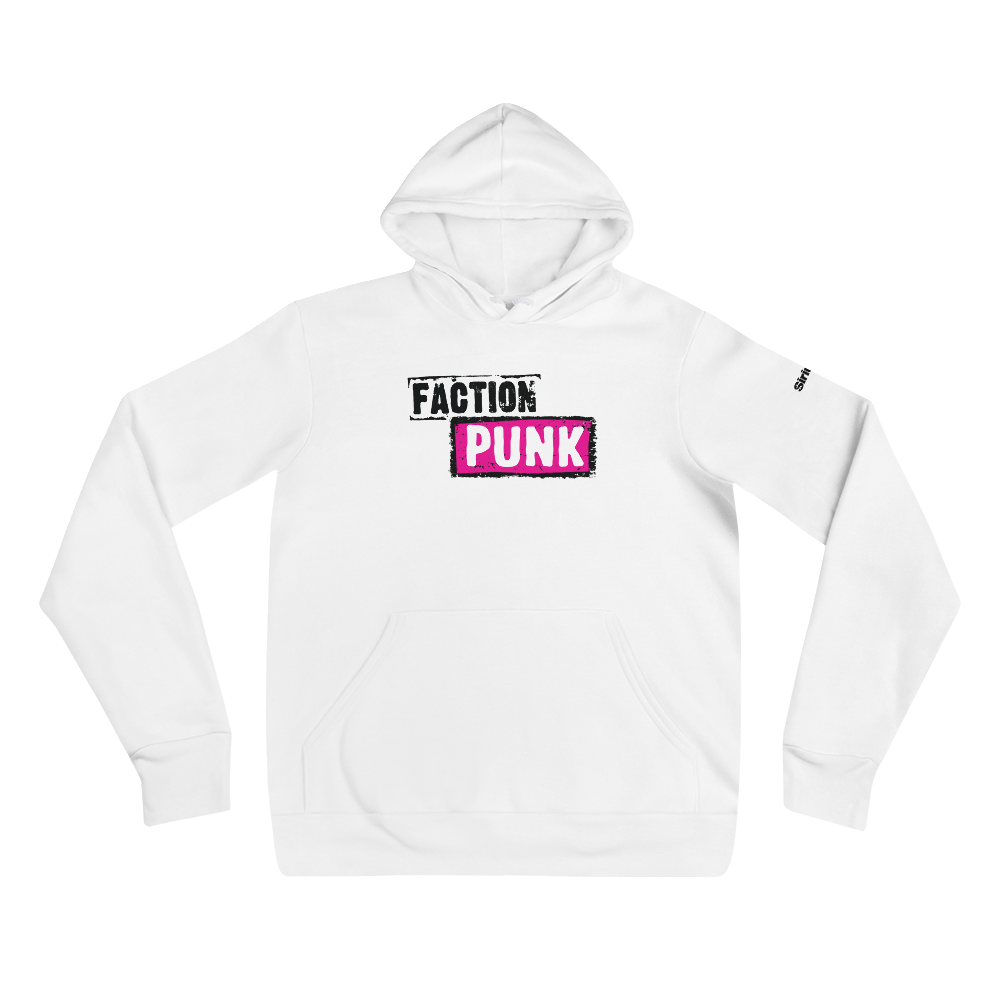 White hoodie featuring 'FACTION PUNK' logo in bold black and pink.