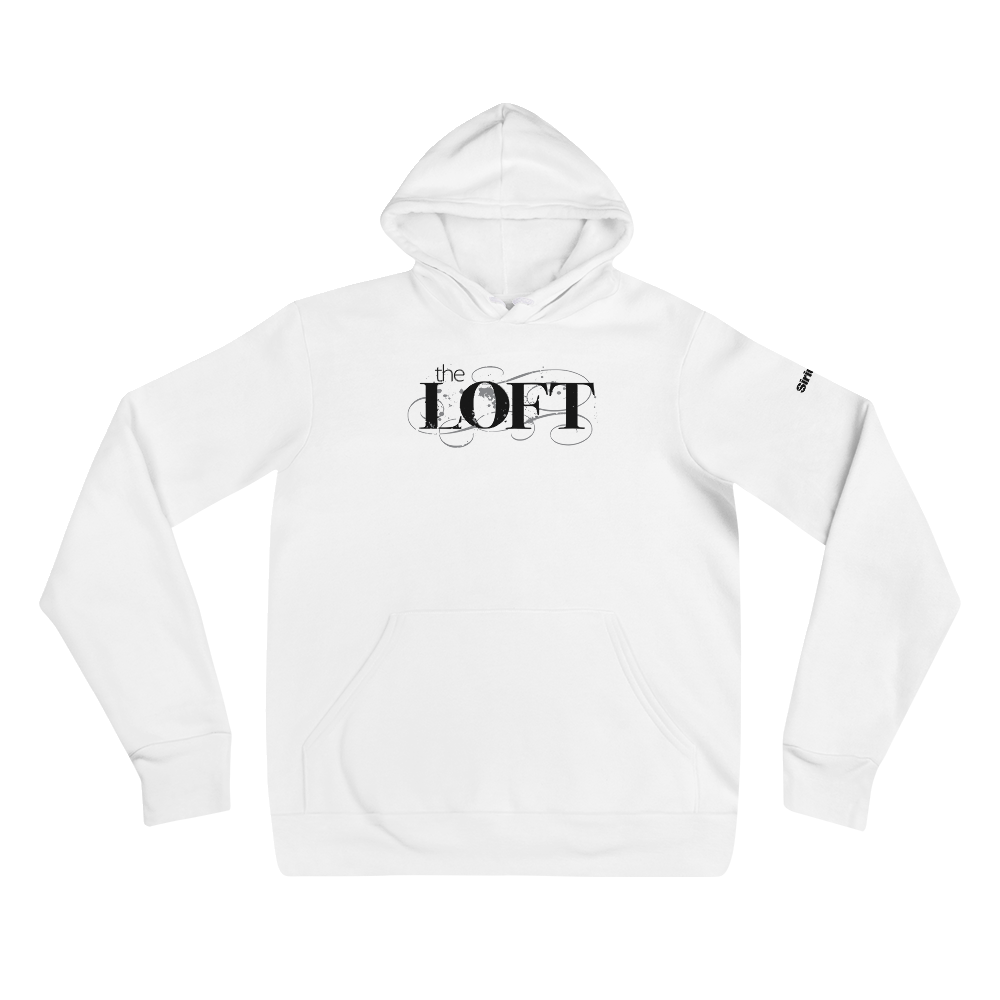 White hoodie featuring 'the LOFT' in stylish black lettering on the front.