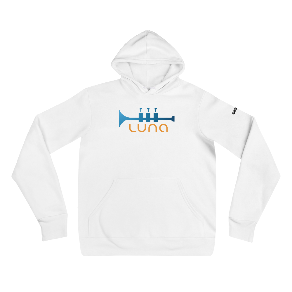 White hoodie featuring a trumpet graphic in blue and the word 'LUNA' in orange.